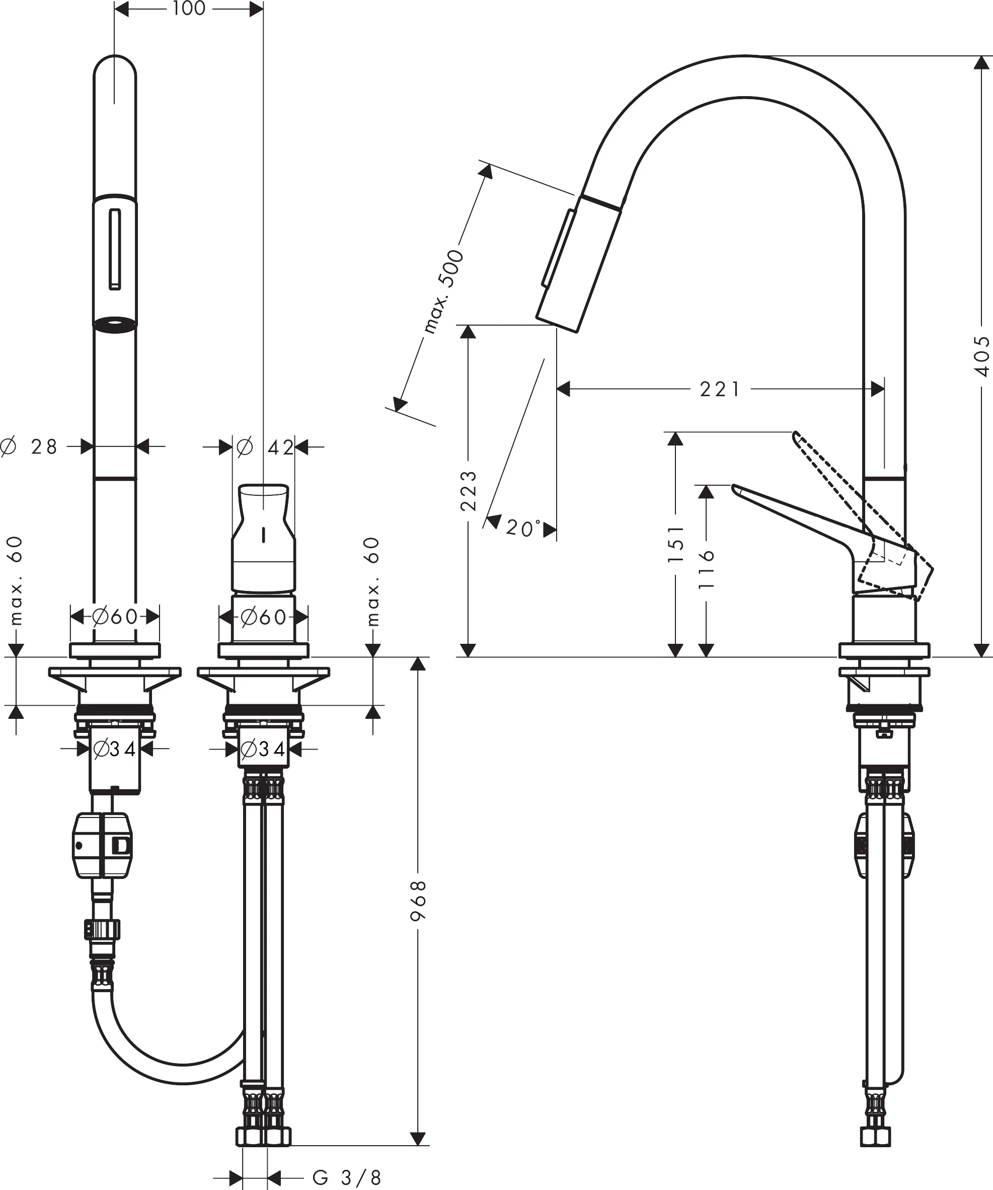 AXOR Citterio M 2-Loch Einhebel-Küchenmischer 220 mit Ausziehbrause Eco Chrom