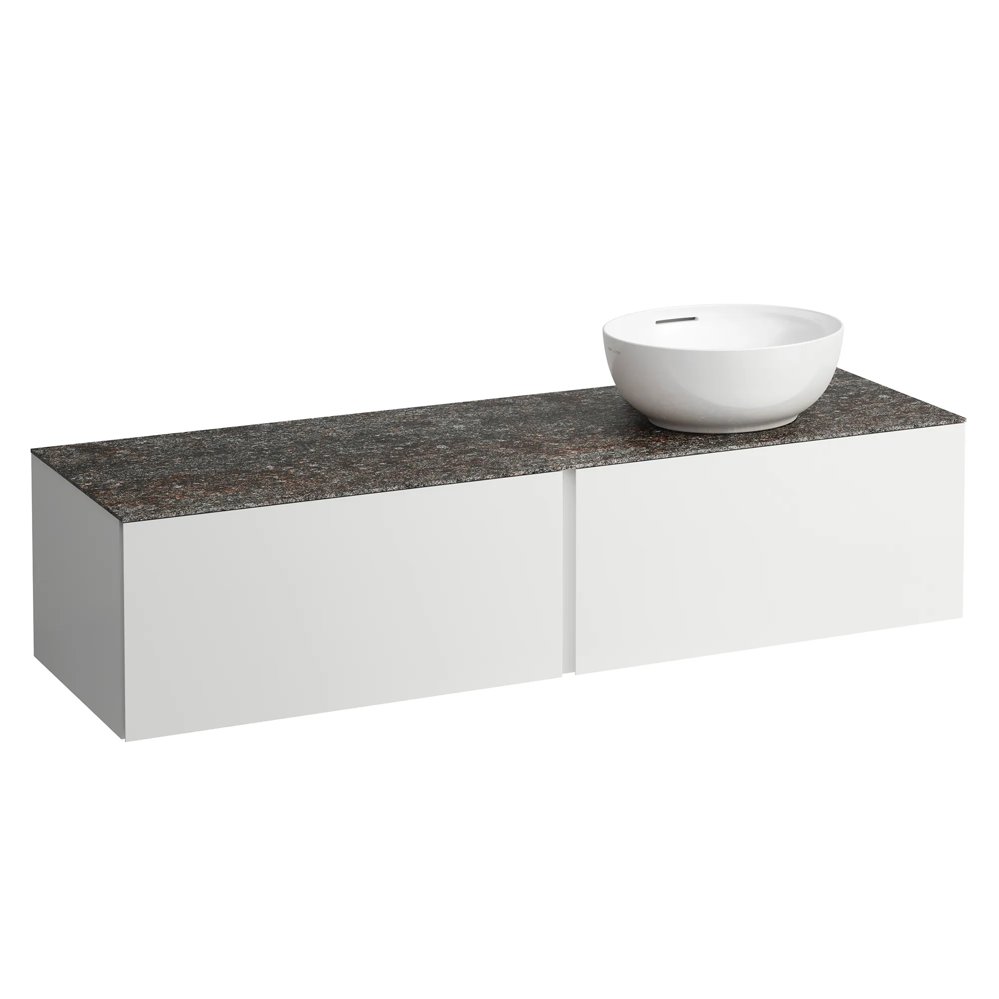 Schubladenelement (Waschtischunterbau+Waschtischplatte) ILBAGNOALESSI 500x1600x370 2 Schubladen integrierte versteckte Griffe seitlich Vollauszug Soft-Close Ausschnitt rechts Marrone Naturale Top passend zu Waschtisch H818975/6 H818977/8 Weiß matt