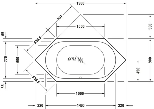 Duravit Badewanne „D-Code“ sechseck 1900 × 900 mm, Mittelablauf in Weiß Duravit Badewanne „D-Code“ sechseck 1900 × 900 mm, Mittelablauf in Weiß
