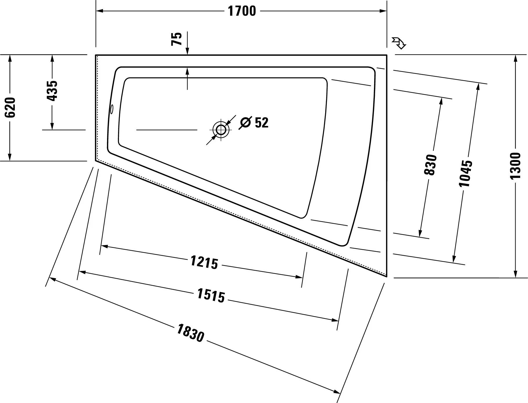 Duravit Whirlwanne „Paiova“ sonderform 1700 × 1300 mm, rechts mit Jet-System, in Weiß Duravit Whirlwanne „Paiova“ sonderform 1700 × 1300 mm, rechts mit Jet-System, in Weiß