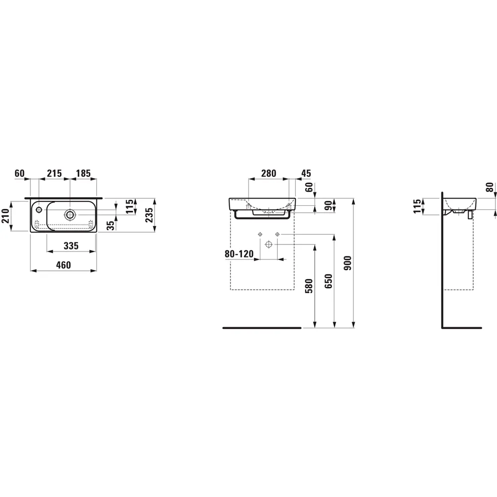 Handwaschbecken MEDA 235x460x115 asymmetrisch ohne Hahnloch ohne Überlauf Becken rechts weiß