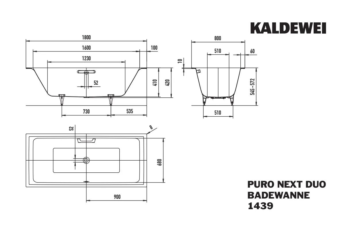 Kaldewei Badewanne „PURONEXTDUO“ rechteck 1800 × 800 mm in manhattan