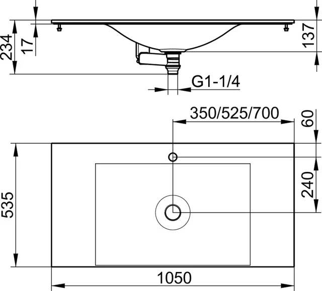 Edition 11 31270701001 Varicor-Waschtisch Edition 11 mit 1-Loch Bohrung 1050 × 17 × 535 mm arktis weiß seidenmatt
