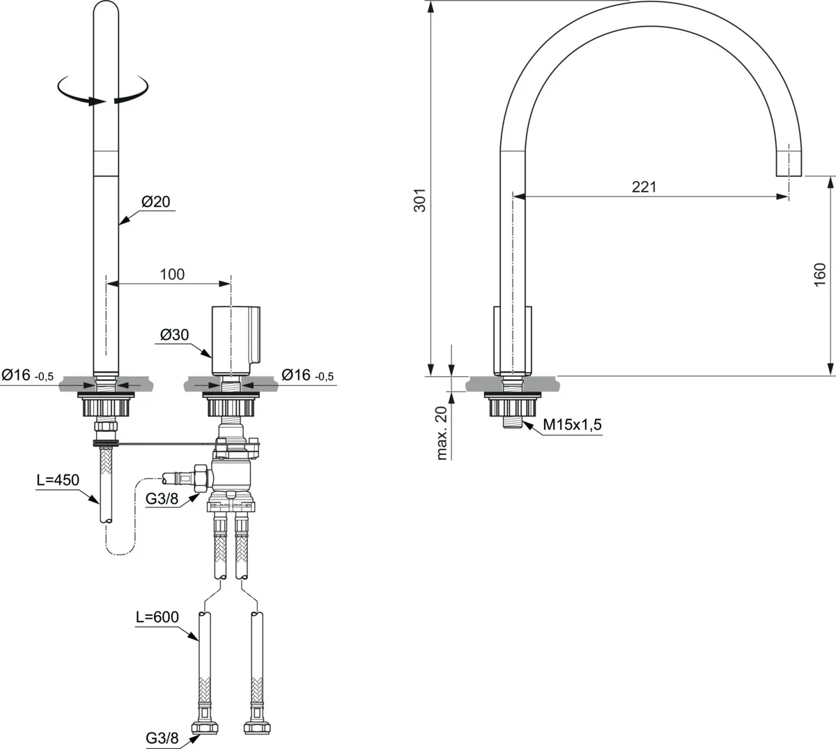 Einhand-Waschtischarmatur „Solos“ Ausladung 221 mm in Chrom