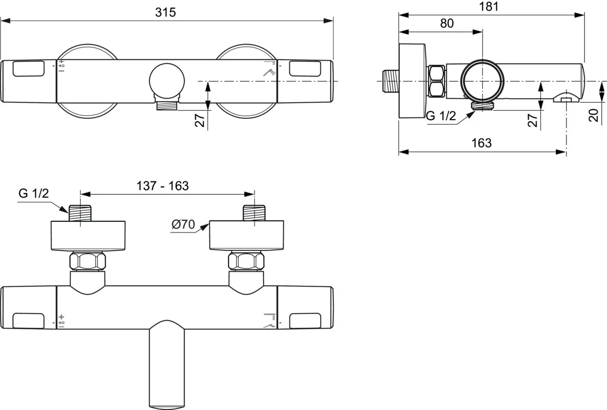 Ideal Standard Badethermostat Aufputz Ceratherm T25 Ausladung 163mm Chrom Ideal Standard Badethermostat Aufputz Ceratherm T25 Ausladung 163mm Chrom
