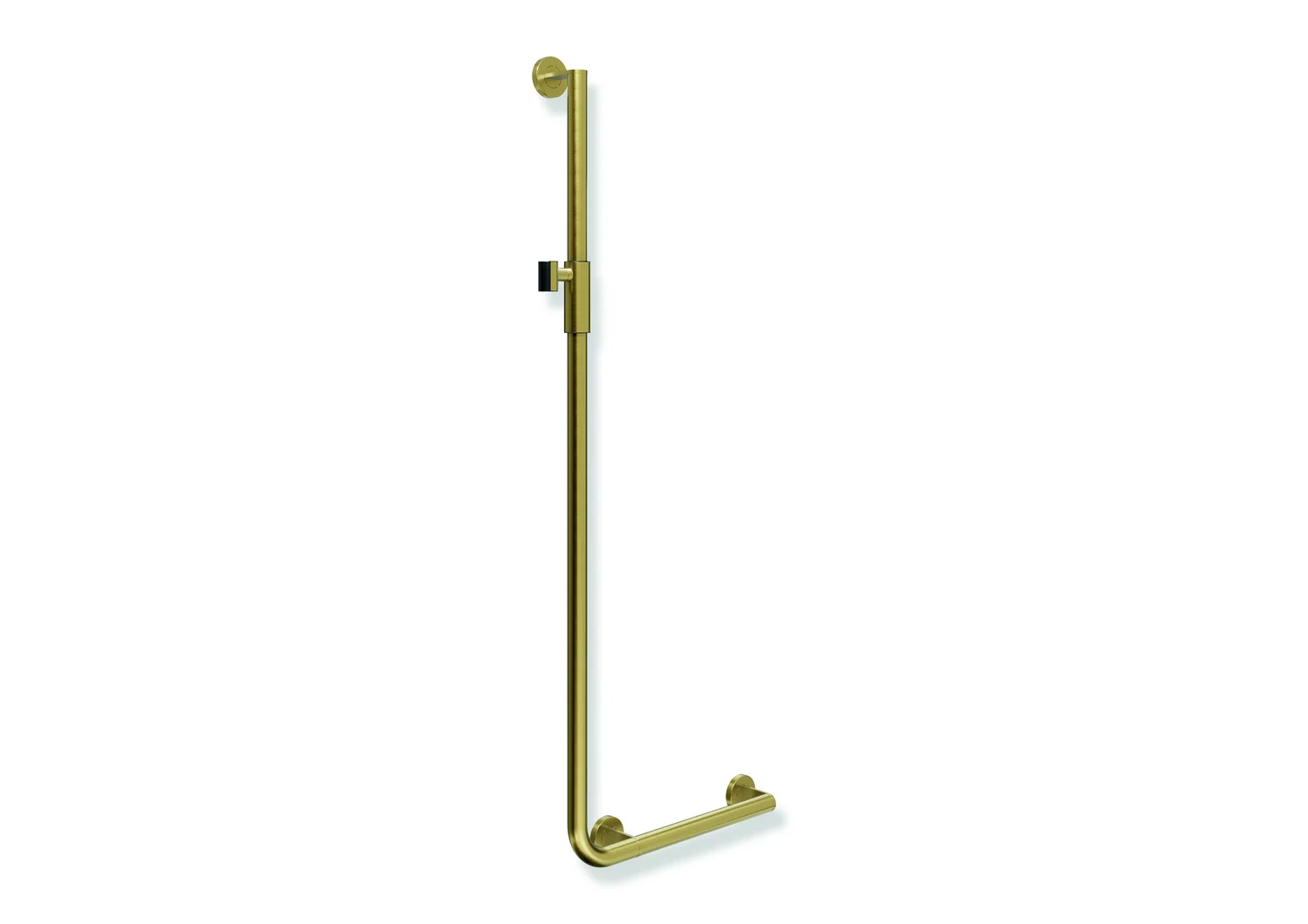 HEWI Winkelgriff System 900, Edelstahl PVD, rechts, 450 x 1250 mm, D 32 mm, gold gebürstet mit magnetischem Brausehalter