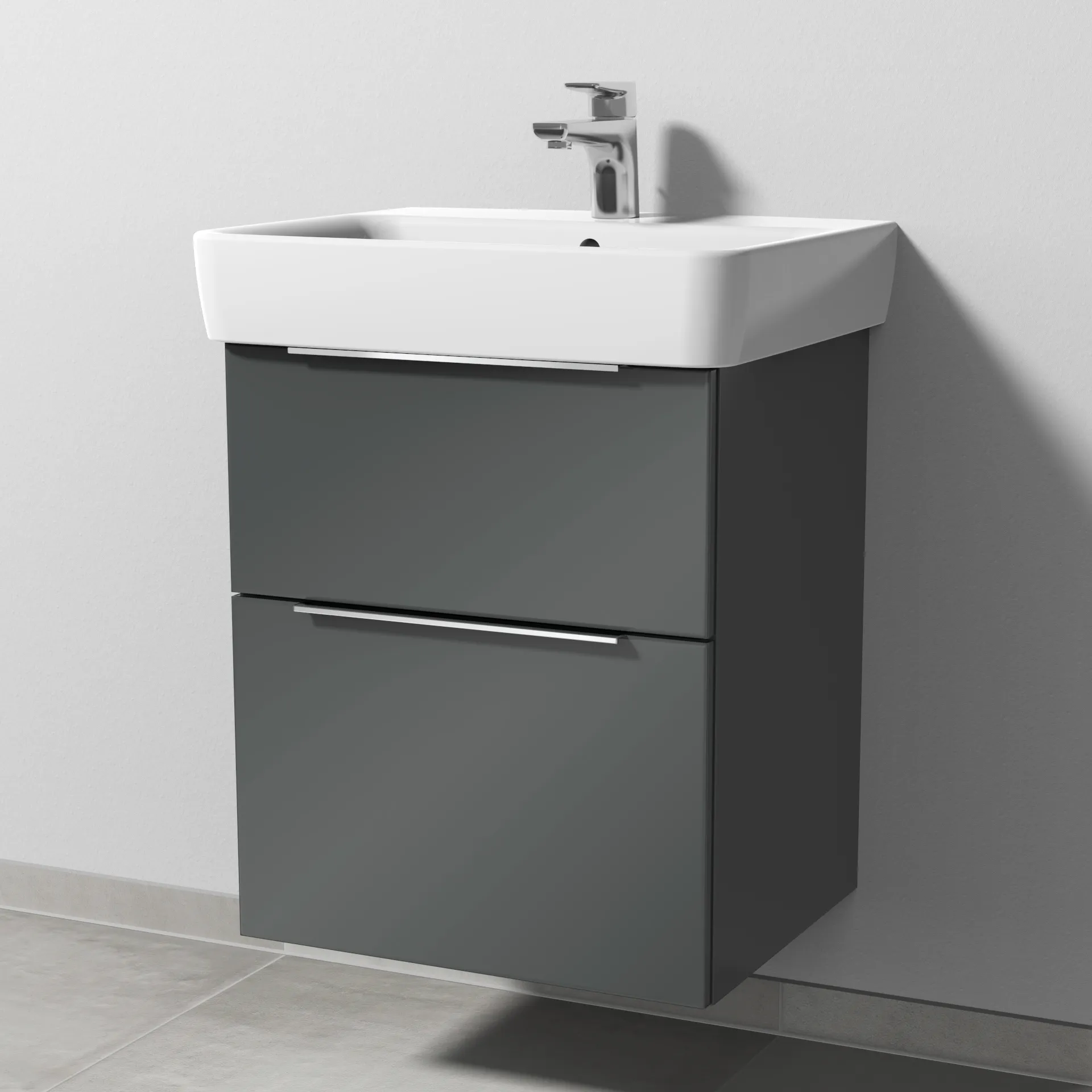 Sanipa Waschtischunterschrank „3way“ passend zu Keramik-Waschtische Renova Plan von Geberit 490 × 588 × 407 mm in Anthrazit (glanz), Becken mittig Sanipa Waschtischunterschrank „3way“ passend zu Keramik-Waschtische Renova Plan von Geberit 490 × 588 × 407 mm in Anthrazit (glanz), Becken mittig