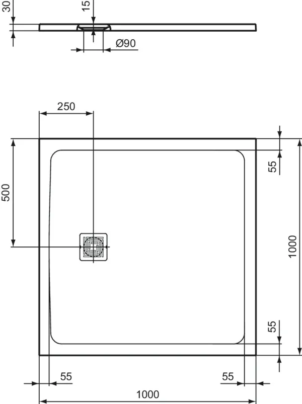 Ideal Standard Quadrat-Brausewanne Ultra Flat S + 1000x1000 mm Schiefer 30 mm Höhe Ablauf 25 cm Mitte/Seite Ideal Standard Quadrat-Brausewanne Ultra Flat S + 1000x1000 mm Schiefer 30 mm Höhe Ablauf 25 cm Mitte/Seite