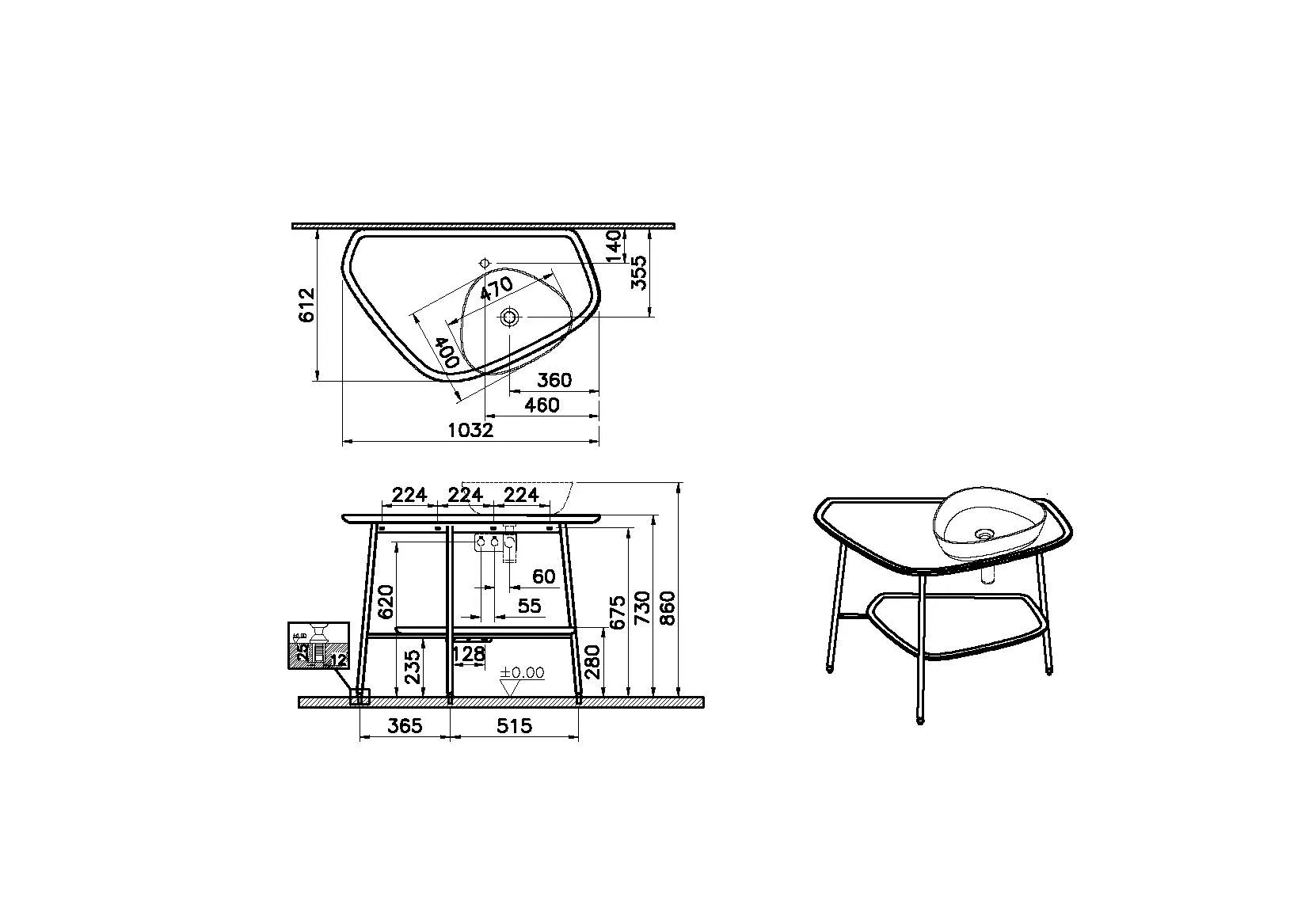 VitrA Plural Konsole 103 cm Ausschnitt rechts für Aufsatzschale wandgebunden Eiche Dunkel Echtholz Schwarz Matt