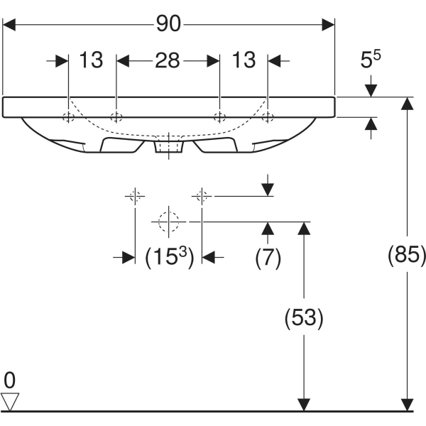 Wandwaschtisch mit Ablagefläche „iCon Light“, mittig, Ablagefläche links und rechts, rechteckig 90 × 48 cm