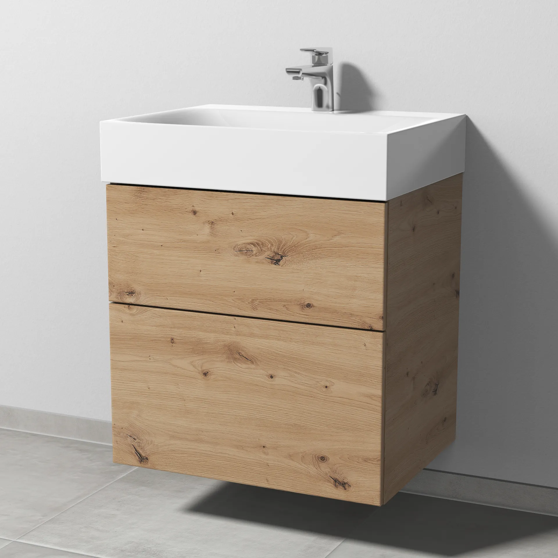 Sanipa Waschtischunterschrank „3way“ passend zu Stahl-Email-Waschtische Silenio von Kaldewei 590 × 582 × 452 mm in Eiche Natural-Touch