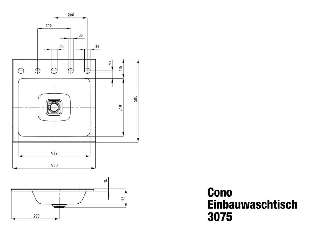 Einbauwaschtisch „Cono“ 50 × 50 cm, mittig, ohne Überlauf, mit Hahnlochbohrung in alpinweiß mit Perl-Effekt