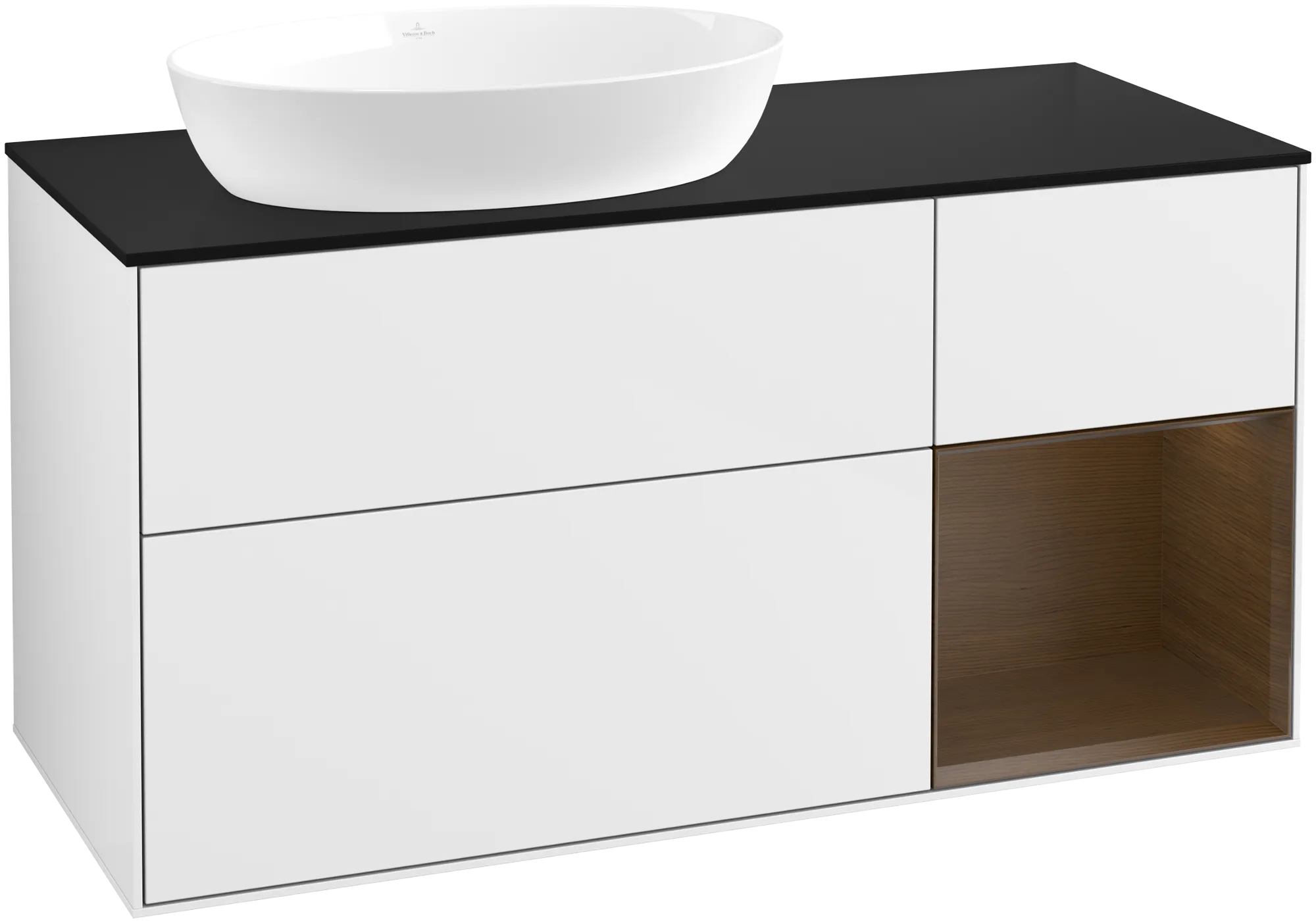 Villeroy & Boch Finion FA5 Waschbeckenunterschrank, 1200x603x501mm, Glossy White Lacquer / Walnut Veneer / Glass Black Matt