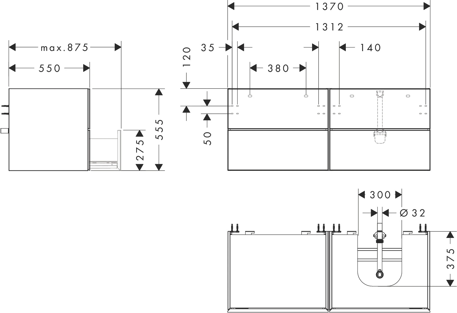 Xevolos E Waschtischunterschrank Mattweiß 1370/550 mit 4 Schubkästen für Konsolen mit Aufsatzwaschtisch geschliffen rechts Weiß Metallic