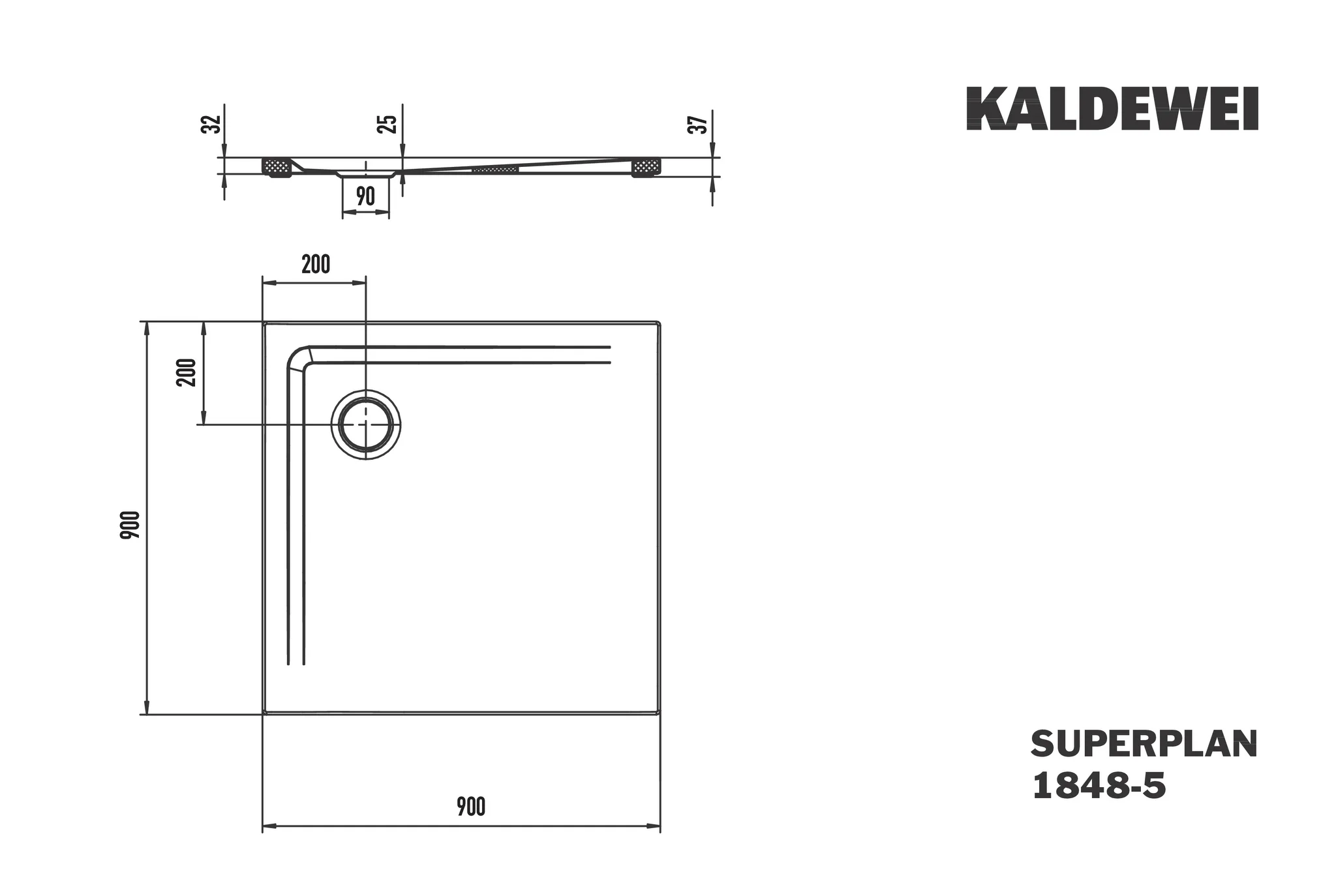 Kaldewei SUPERPLAN MIT WANNENTRÄGER EXTRAFLACH, Duschfläche 900x900 mm, warm grey 70, Secure Plus, Eckablauf, MADE IN GERMANY