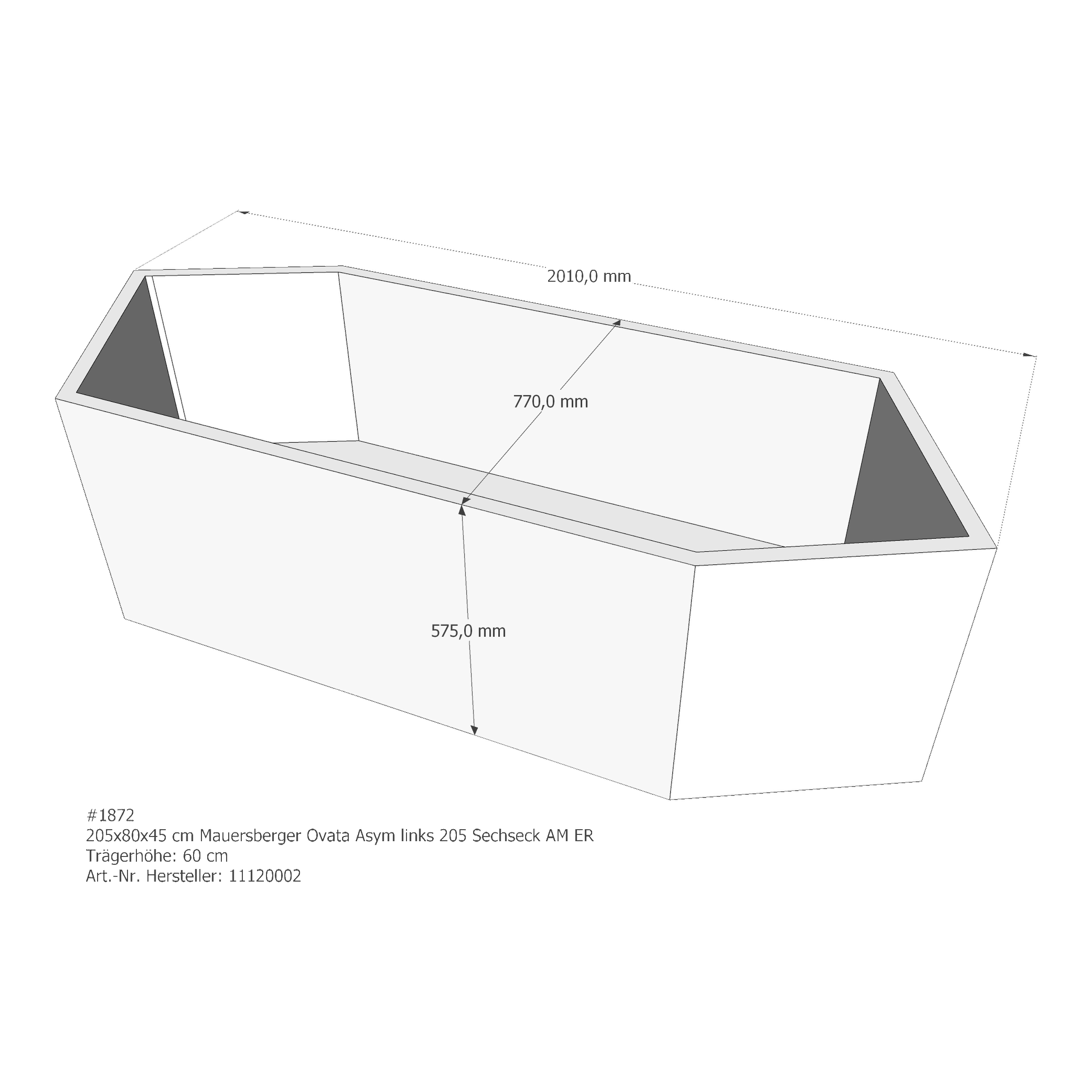 Badewannenträger für Mauersberger Ovata Asym links 205 × 80 × 45 cm