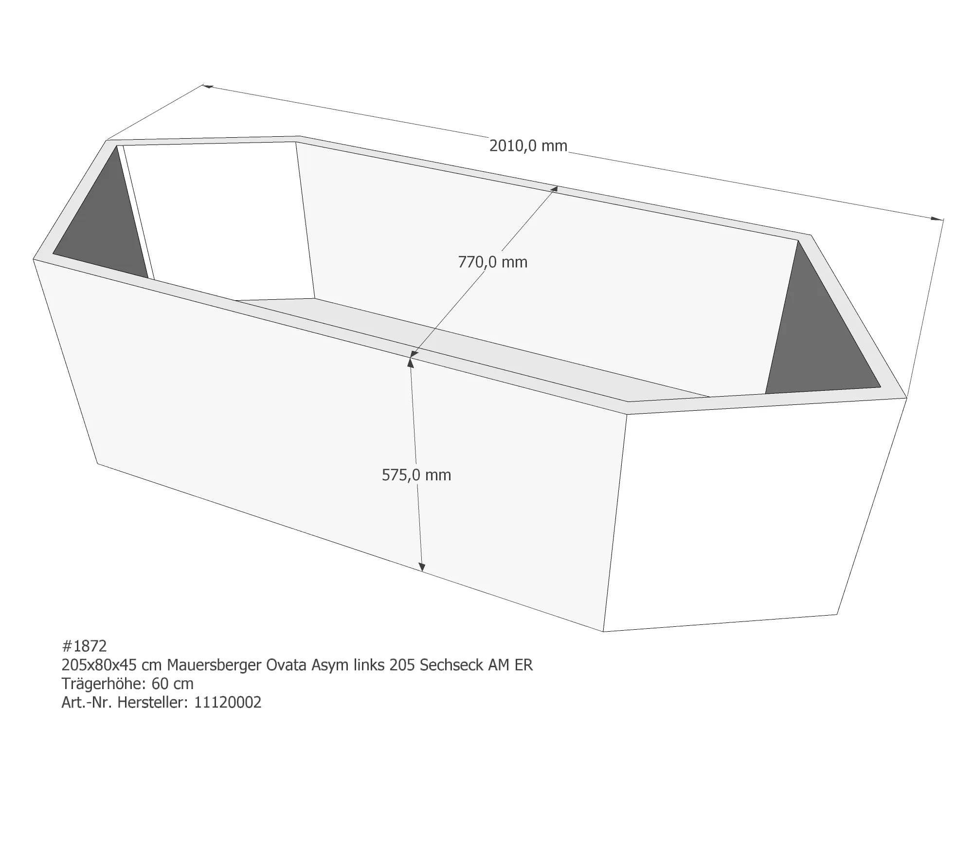 Badewannenträger für Mauersberger Ovata Asym links links 205 × 80 × 45 cm