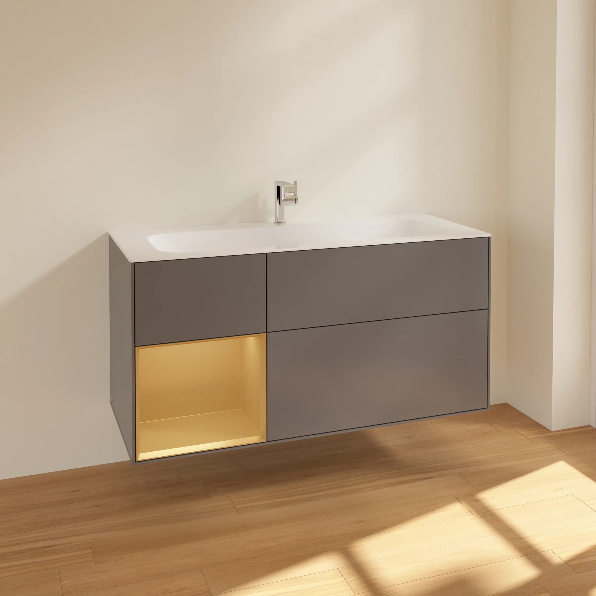 Villeroy & Boch Waschbeckenunterschrank Finion F06, Anthracite Matt Lacquer / Gold Matt Lacquer, 1.196 x 591 x 498 mm, mit Beleuchtung, SoftClosing, Push-to-open, 3 Auszüge