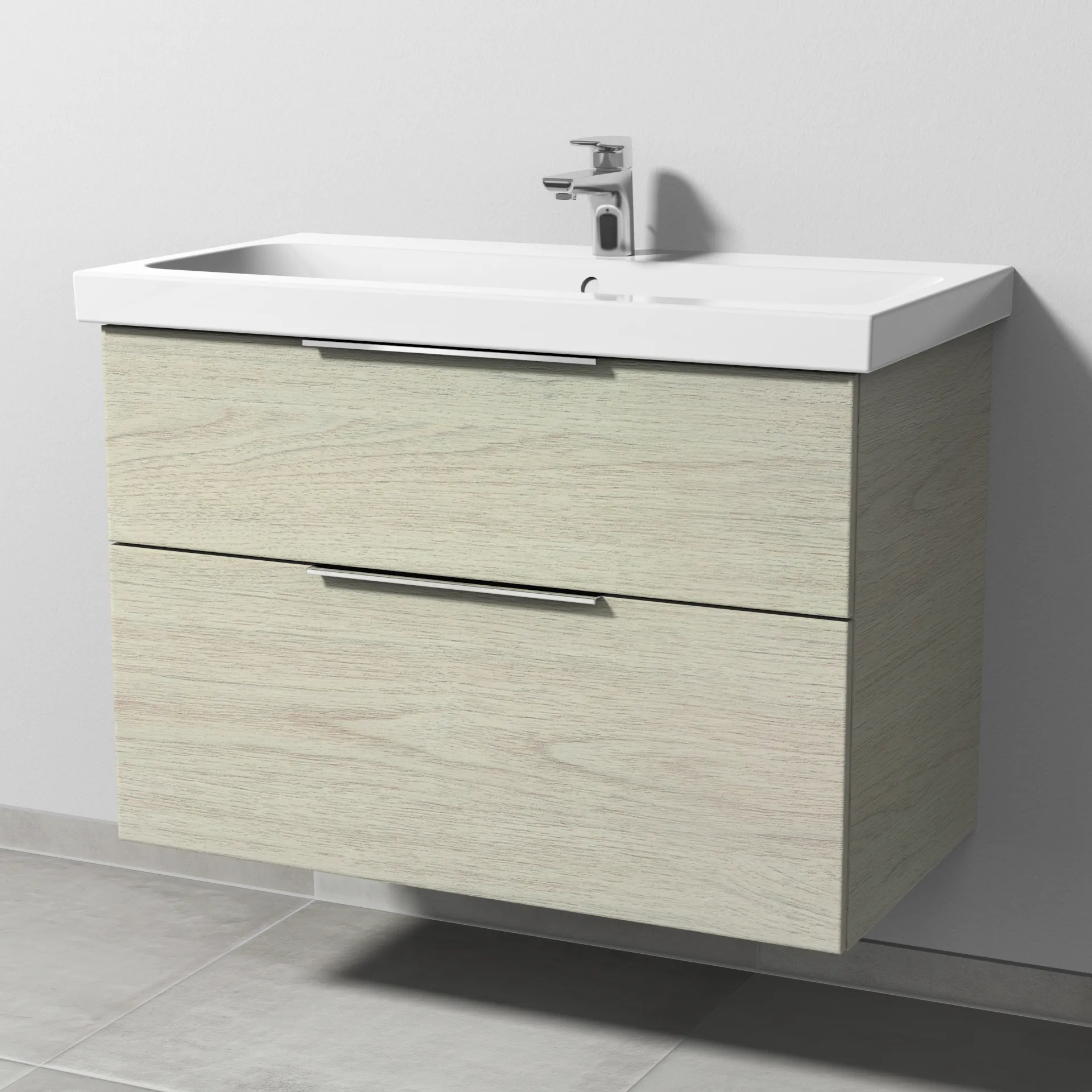 Sanipa Waschtischunterschrank „3way“ passend zu Keramik-Waschtische iCon Light von Geberit 850 × 591 × 462 mm in White Oak, Becken mittig, mit