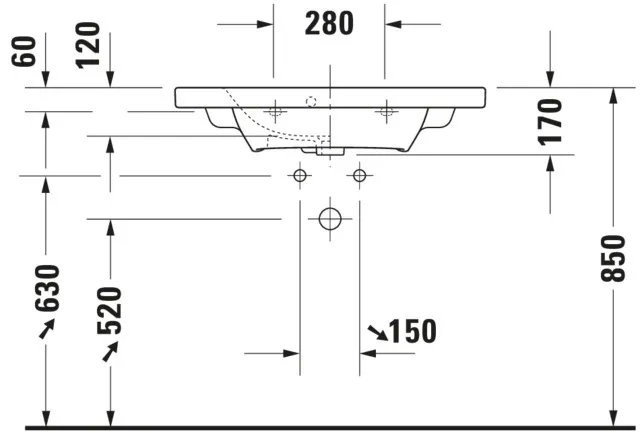 Wandwaschtisch „DuraStyle“, mit Überlauf, Hahnlochposition mittig