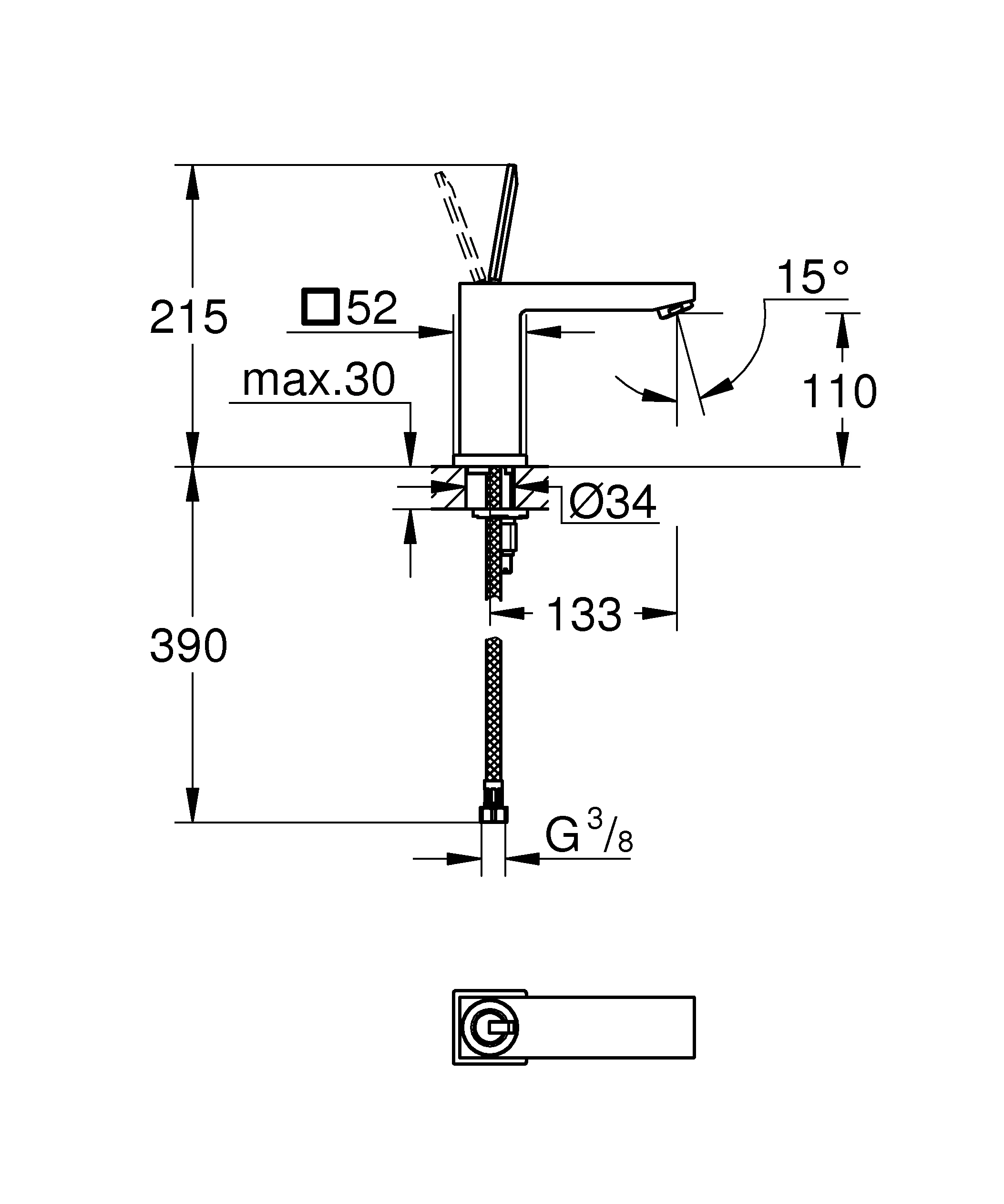 Einhand-Waschtischbatterie Eurocube Joy 23658, M-Size, Einlochmontage, glatter Körper, chrom