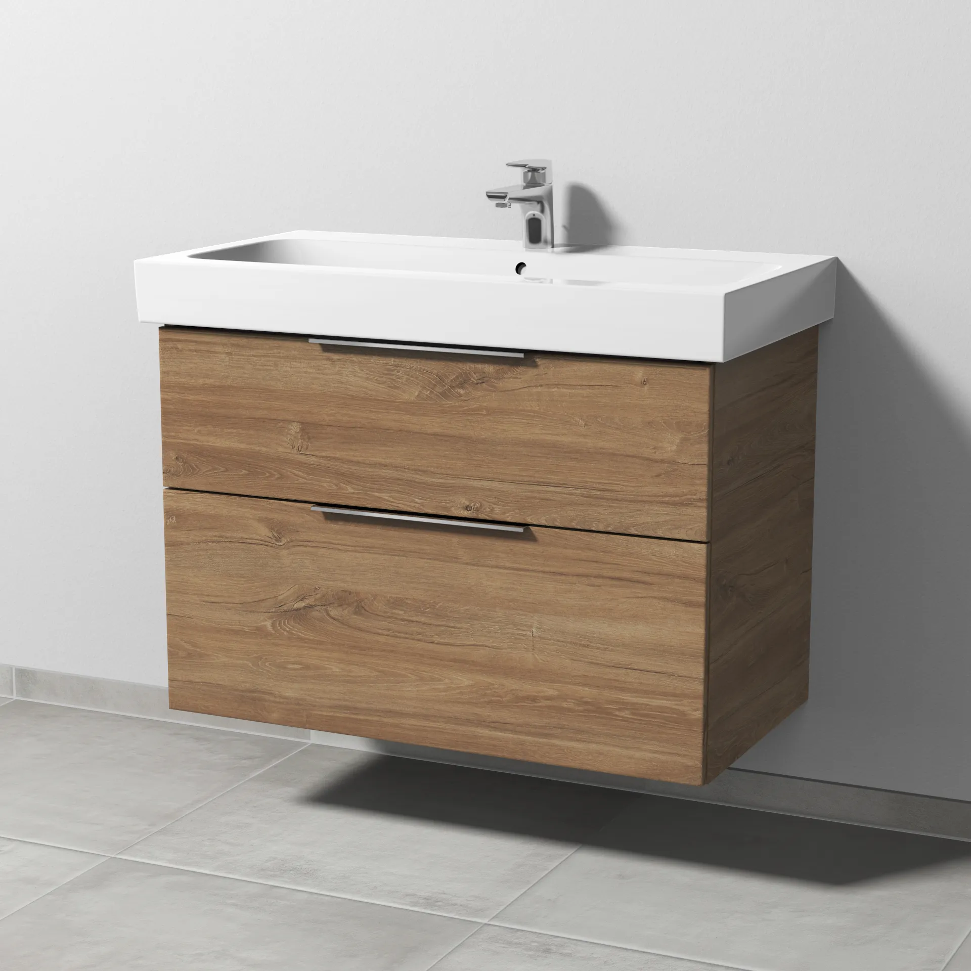 Sanipa Waschtischunterschrank „3way“ passend zu Keramik-Waschtische iCon von Geberit 850 × 593 × 462 mm in Eiche Kansas, Becken mittig