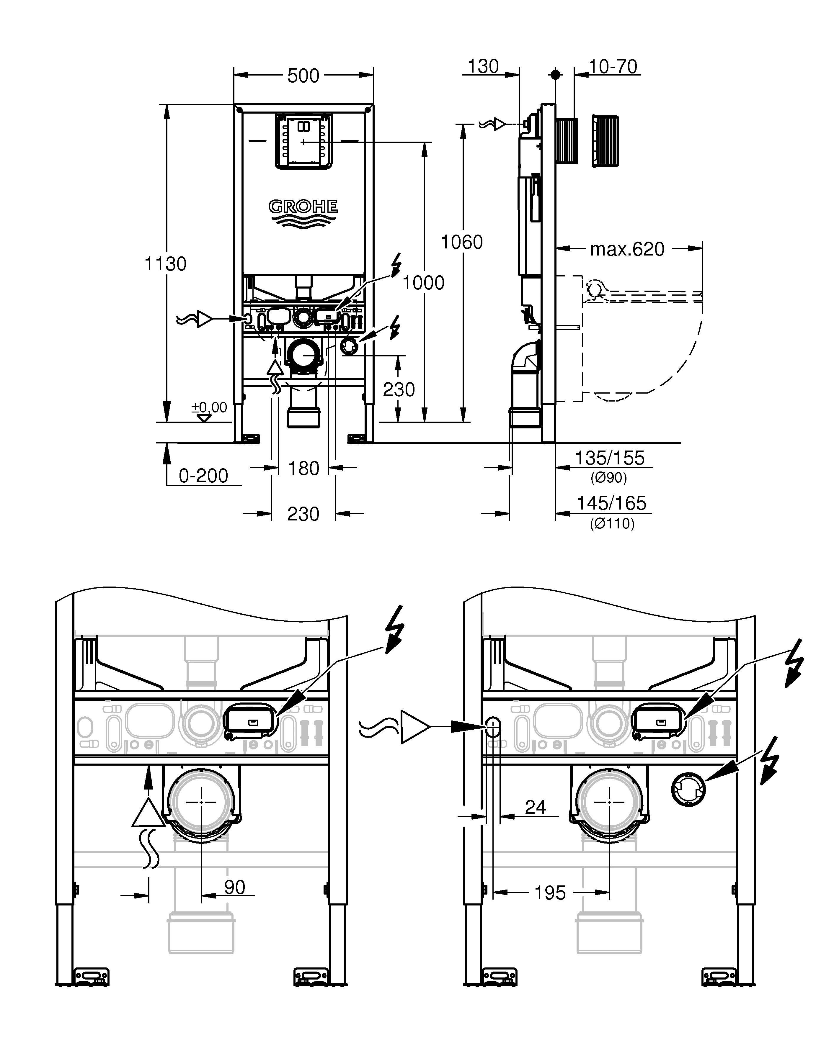 WC-Element Rapid SLX 39865, 1,13 m Bauhöhe, mit Spülstromdrossel, mit Stromanschluss (Klemmdose) und Wasseranschluss für Dusch-WC, für Vorwand- oder Ständerwandmontage, je 1 Revisionsschacht für kleine und große Betätigungen, ohne Wandwinkel