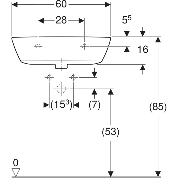 Wandwaschtisch „Renova“, ohne Überlauf, Hahnlochposition mittig 60 × 48 cm in weiß alpin