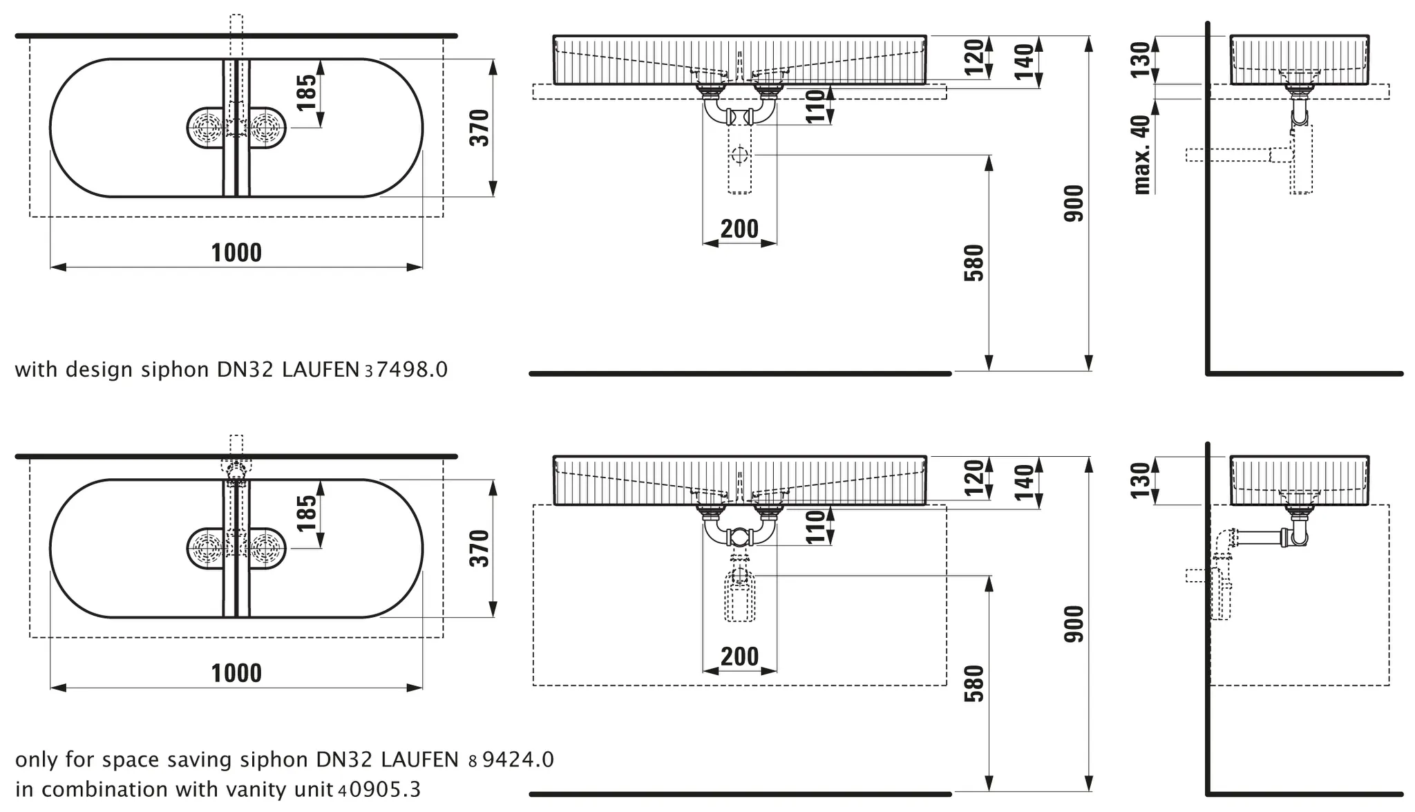 Doppelwaschtisch-Schale SONAR 370x1000x140 ohne Hahnloch ohne Überlauf mit Textur außen weiß Doppelwaschtisch-Schale SONAR 370x1000x140 ohne Hahnloch ohne Überlauf mit Textur außen weiß