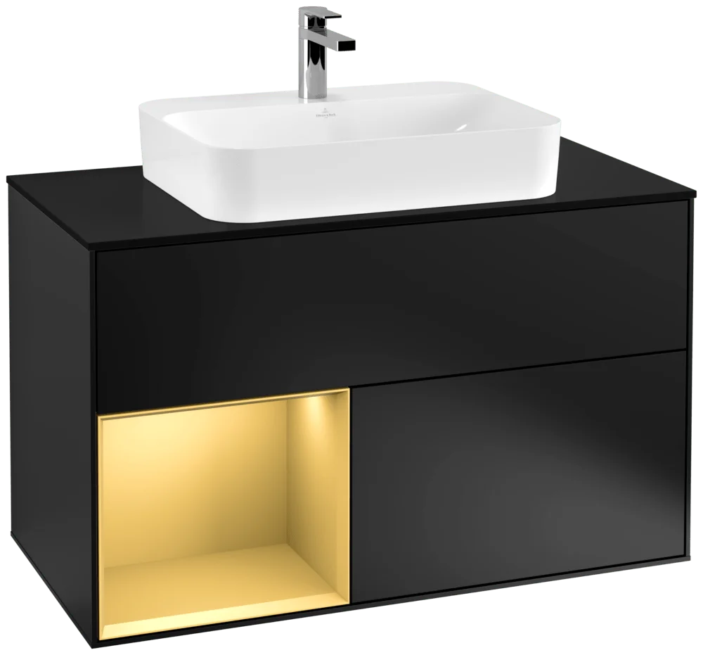 Villeroy & Boch Waschbeckenunterschrank Finion F36, 1000x603x501 mm, Black Matt Lacquer mit Gold Akzenten, mit Beleuchtung und SoftClosing Villeroy & Boch Waschbeckenunterschrank Finion F36, 1000x603x501 mm, Black Matt Lacquer mit Gold Akzenten, mit Beleuchtung und SoftClosing