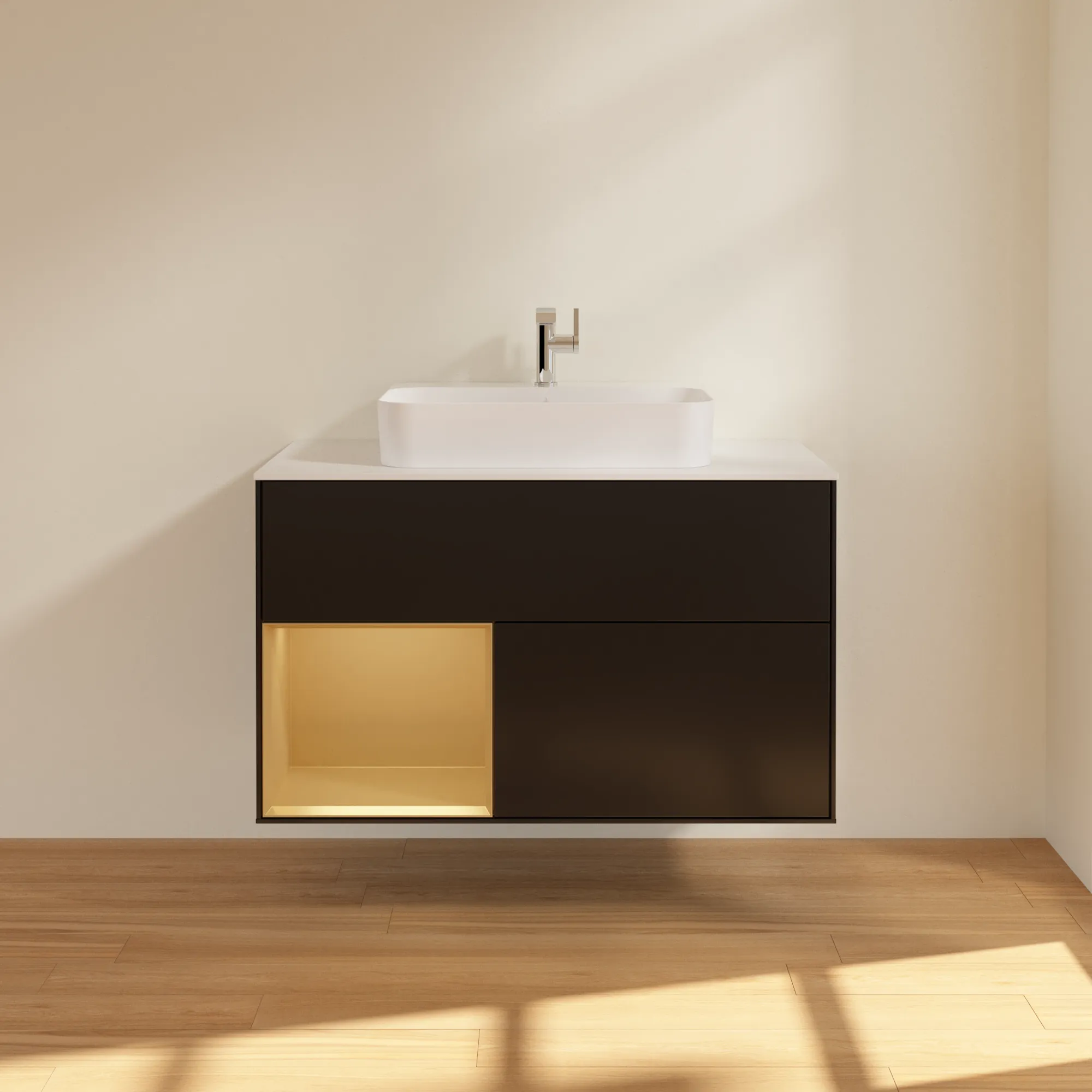 Villeroy & Boch Waschbeckenunterschrank Finion G36, 1000x603x501 mm, Black Matt Lacquer mit Gold Akzenten, Beleuchtung, SoftClosing, Push-to-open Villeroy & Boch Waschbeckenunterschrank Finion G36, 1000x603x501 mm, Black Matt Lacquer mit Gold Akzenten, Beleuchtung, SoftClosing, Push-to-open