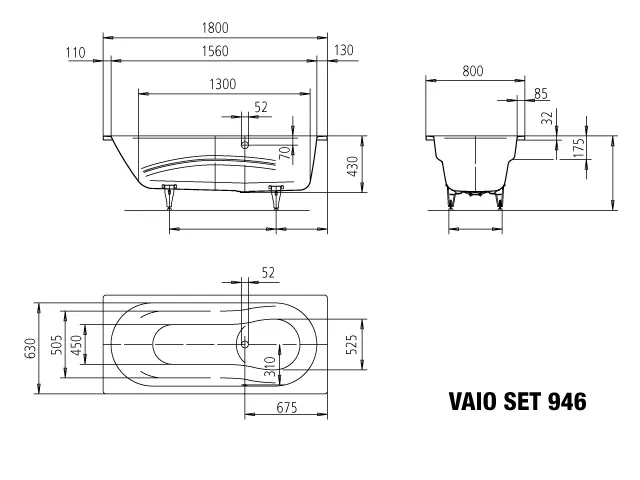 Kaldewei Badewanne „Vaio Set“ rechteck 180 × 80 cm, ohne Grifflochbohrungen mit gegenüberliegender Überlaufbohrung, in alpinweiß