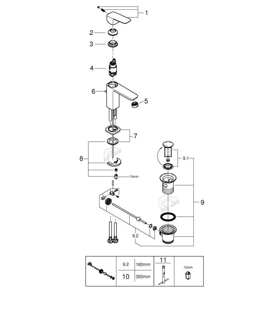 Einhand-Waschtischbatterie Cubeo 101694, S-Size, Zugstangen-Ablaufgarnitur
