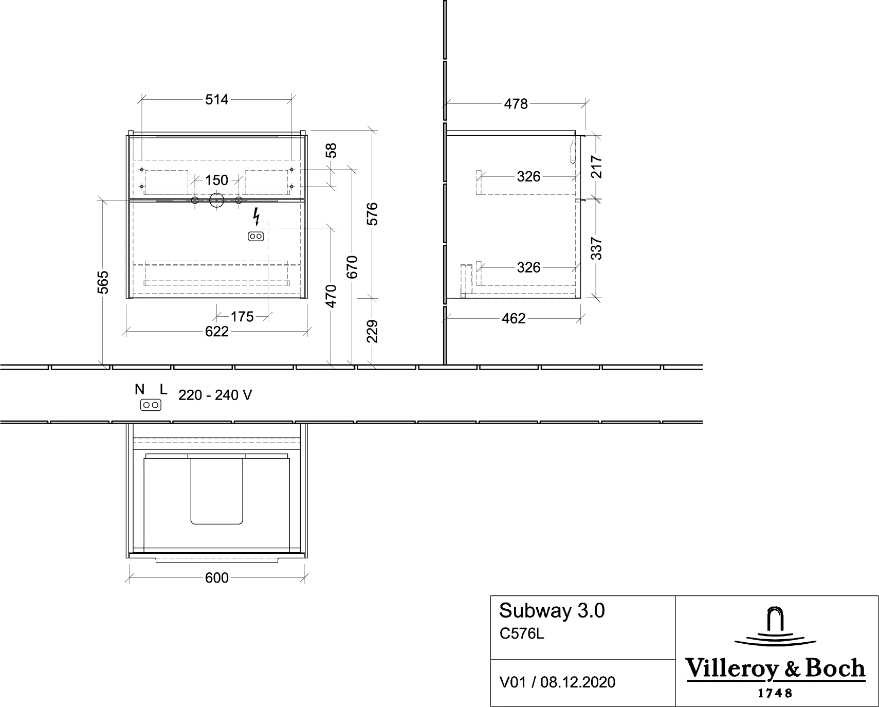 Villeroy & Boch Waschbeckenunterschrank Subway 3.0 Arizona Oak, 622 x 576 x 462 mm, mit Beleuchtung und SoftClosing