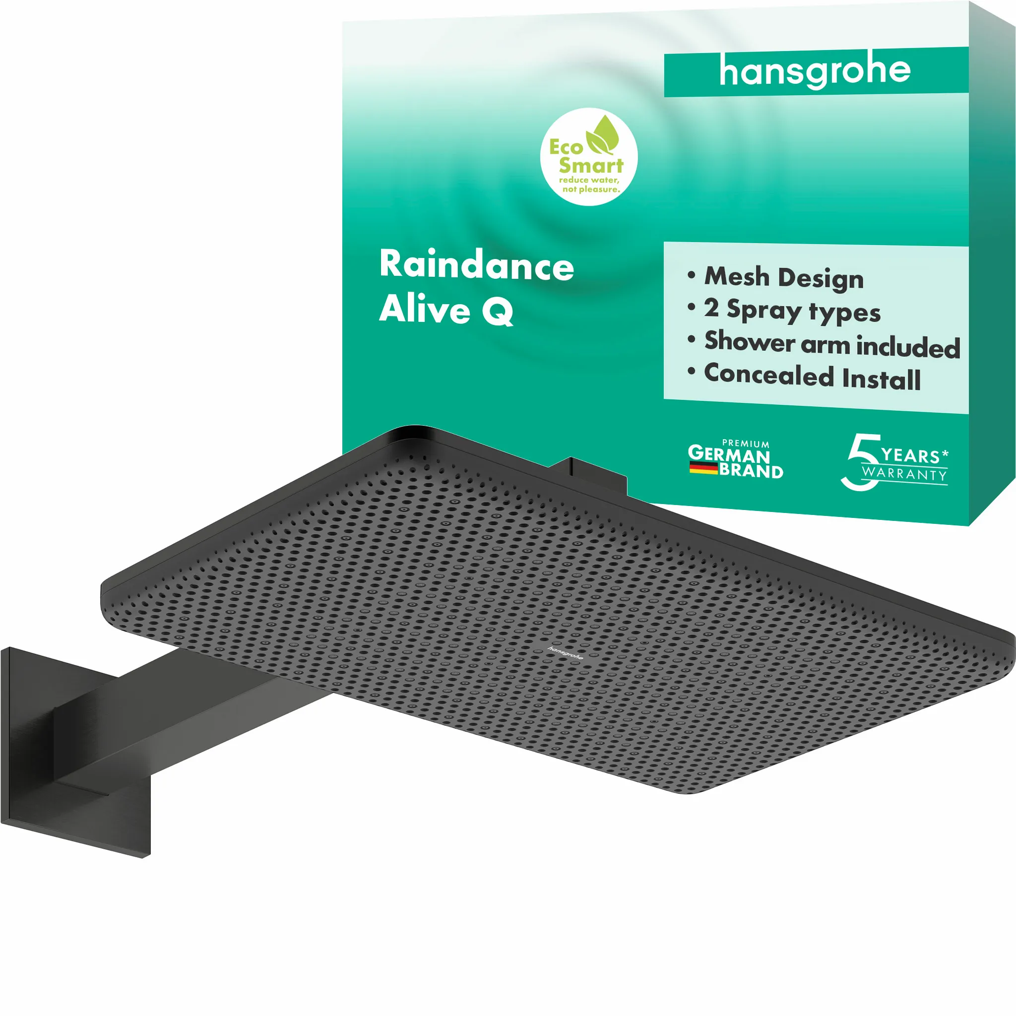 Hansgrohe Raindance Alive Q Kopfbrause mit Brausearm, 214 x 343 mm, PowderRain & Rain Strahl, Brushed Black Chrome, 8 l/min Durchflussregler, 390 mm Brausearmlänge