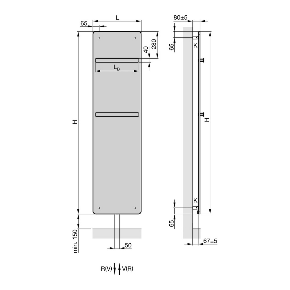 Zehnder Design-Heizkörper „Vitalo Bar“ für Warmwasser-Zentralheizung mit 50 mm-Mittelanschluss 50 × 157 cm in Blue Grey (RAL 7031)