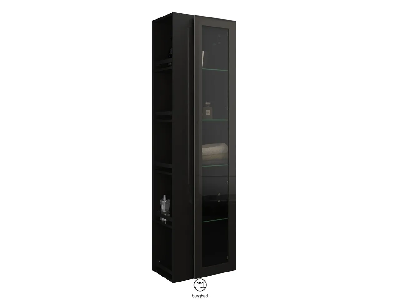 Hochschrank Yumo von burgbad - 320 mm tief, 500 mm breit, 1760 mm hoch mit Rauchglaseinsatz in Bronze und offenem Regal Hochschrank Yumo von burgbad - 320 mm tief, 500 mm breit, 1760 mm hoch mit Rauchglaseinsatz in Bronze und offenem Regal
