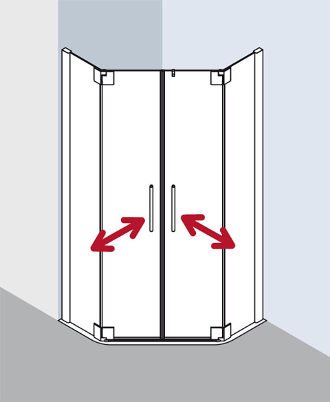 Kermi Duschabtrennung für Fünfeck-Duschwannen Pendeltüren mit Festfeldern „PASA XP“ in Glas Klar, Profile Silber Mattglanz, BV: 720 - 870 mm GAK: 705 - 735 mm WE: 730 - 760/880 - 910 mm H: 1850 mm