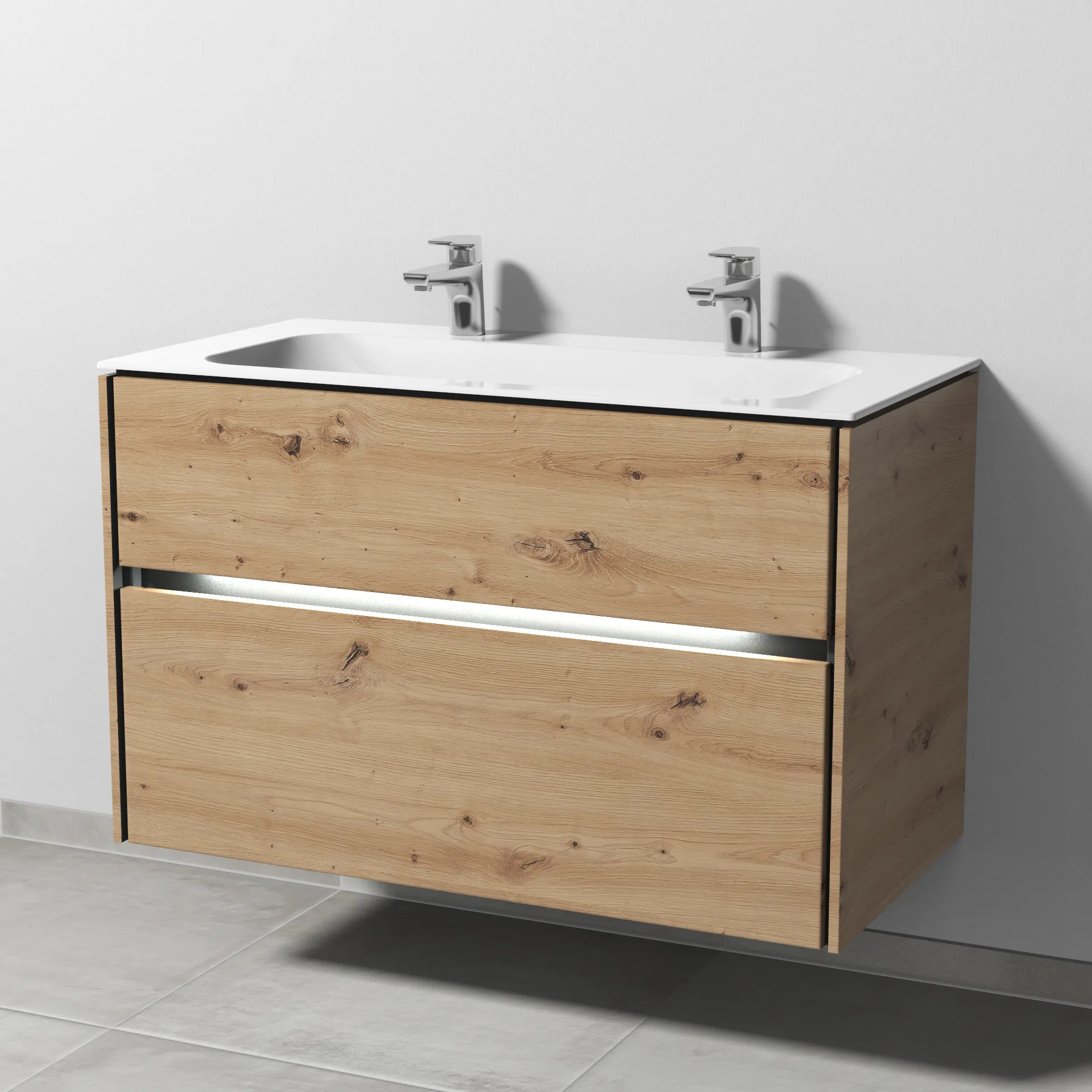 Keramik-Waschtisch-Set mit Waschtischunterschrank „Twiga“ 99 × 50 × 61 cm in Eiche Natural-Touch, mit Beleuchtung, mit Hahnlochbohrung