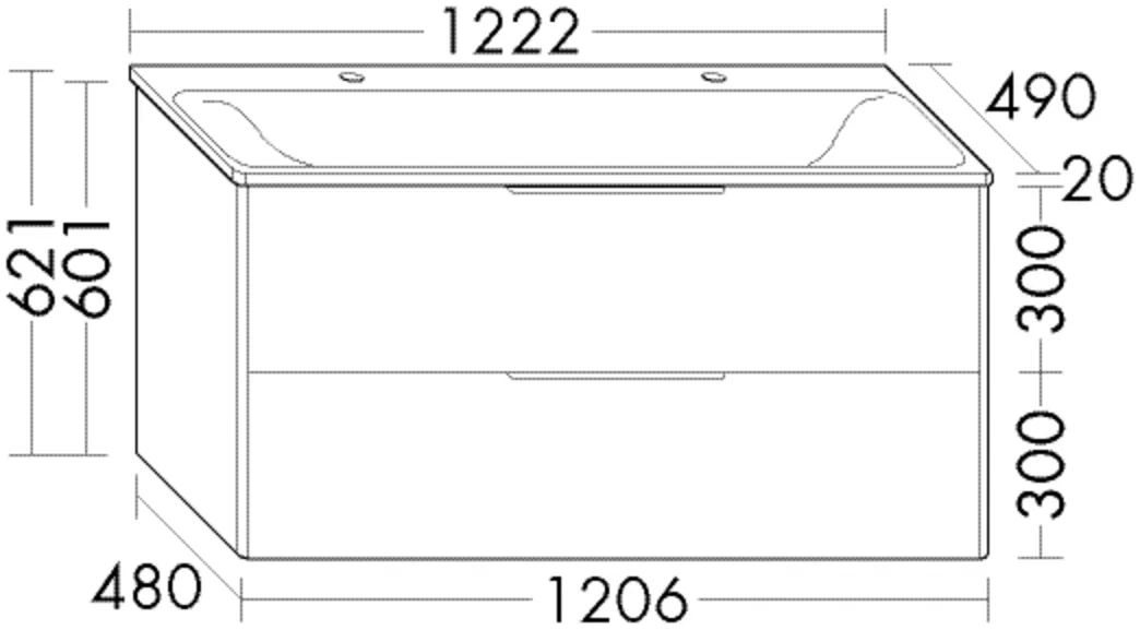 Mineralguss-Waschtisch inkl. Waschtischunterschrank Oteo von burgbad – 490 mm tief, 1222 mm breit, 621 mm hoch mit 2 Armaturbohrungen und Muldentiefe 114 mm