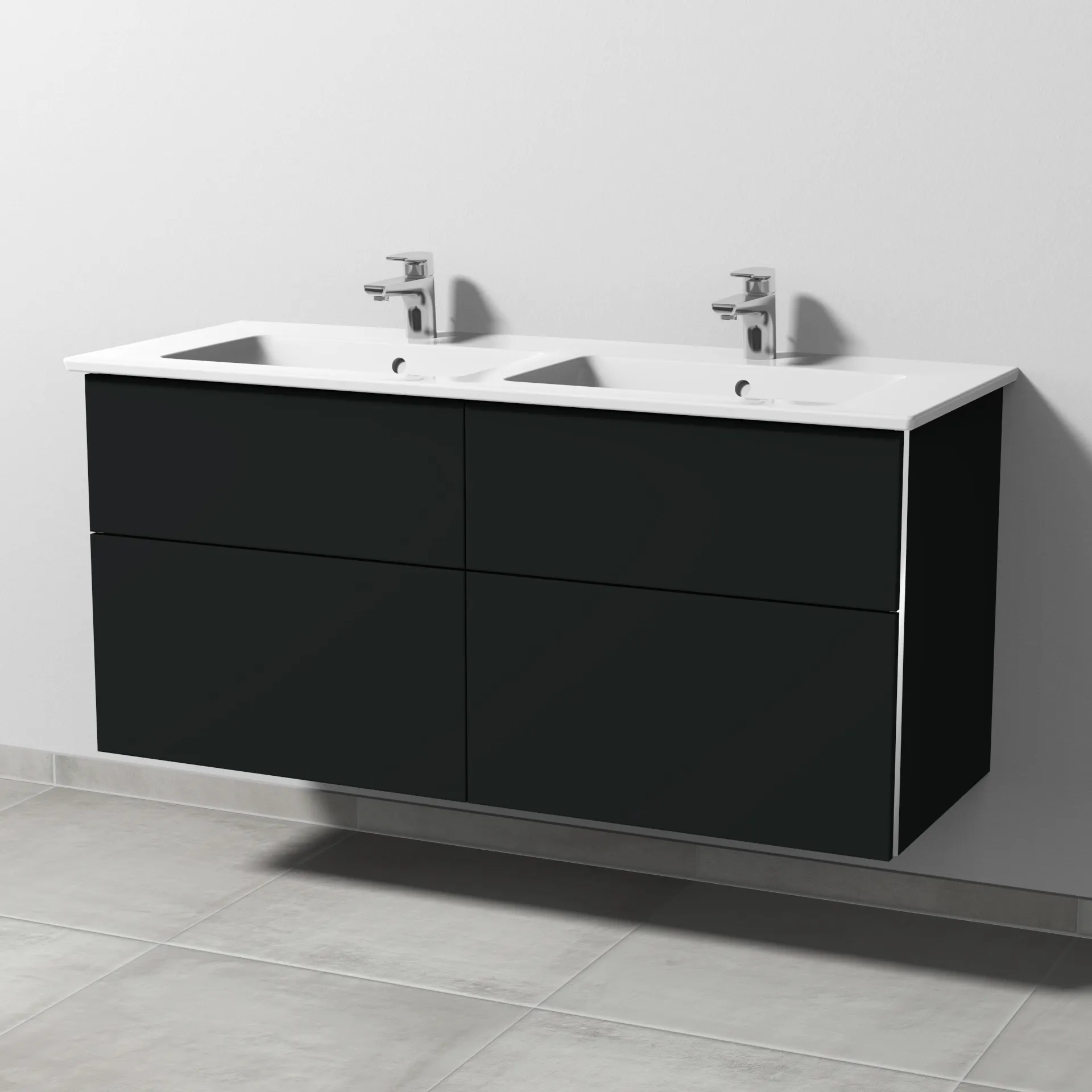 Sanipa Keramik-Waschtisch-Waschtischunterschrank mit Waschtischunterschrank „3way“ 1255 × 591 × 477 mm in Vulkan (matt), mit Hahnlochbohrung, Becken links und rechts Sanipa Keramik-Waschtisch-Waschtischunterschrank mit Waschtischunterschrank „3way“ 1255 × 591 × 477 mm in Vulkan (matt), mit Hahnlochbohrung, Becken links und rechts