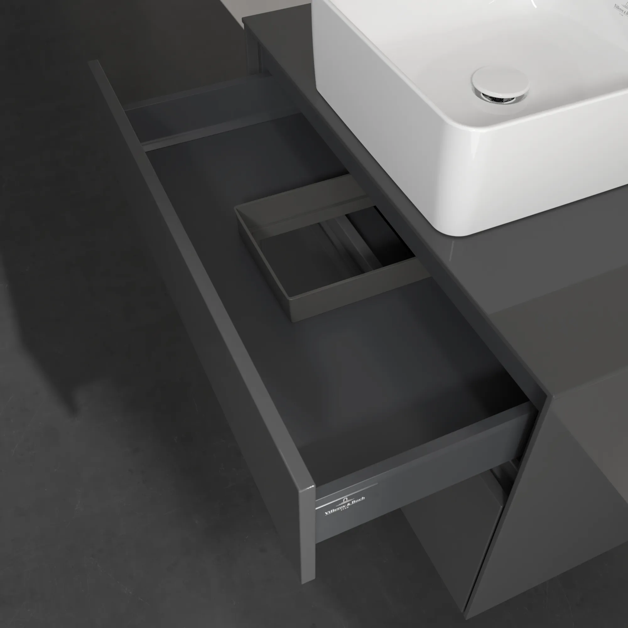 Villeroy & Boch Waschbeckenunterschrank Collaro C03700, Eckig Glossy Grey, 800x548x500mm, mit SoftClosing, 2 Auszügen, mittigem Waschbecken
