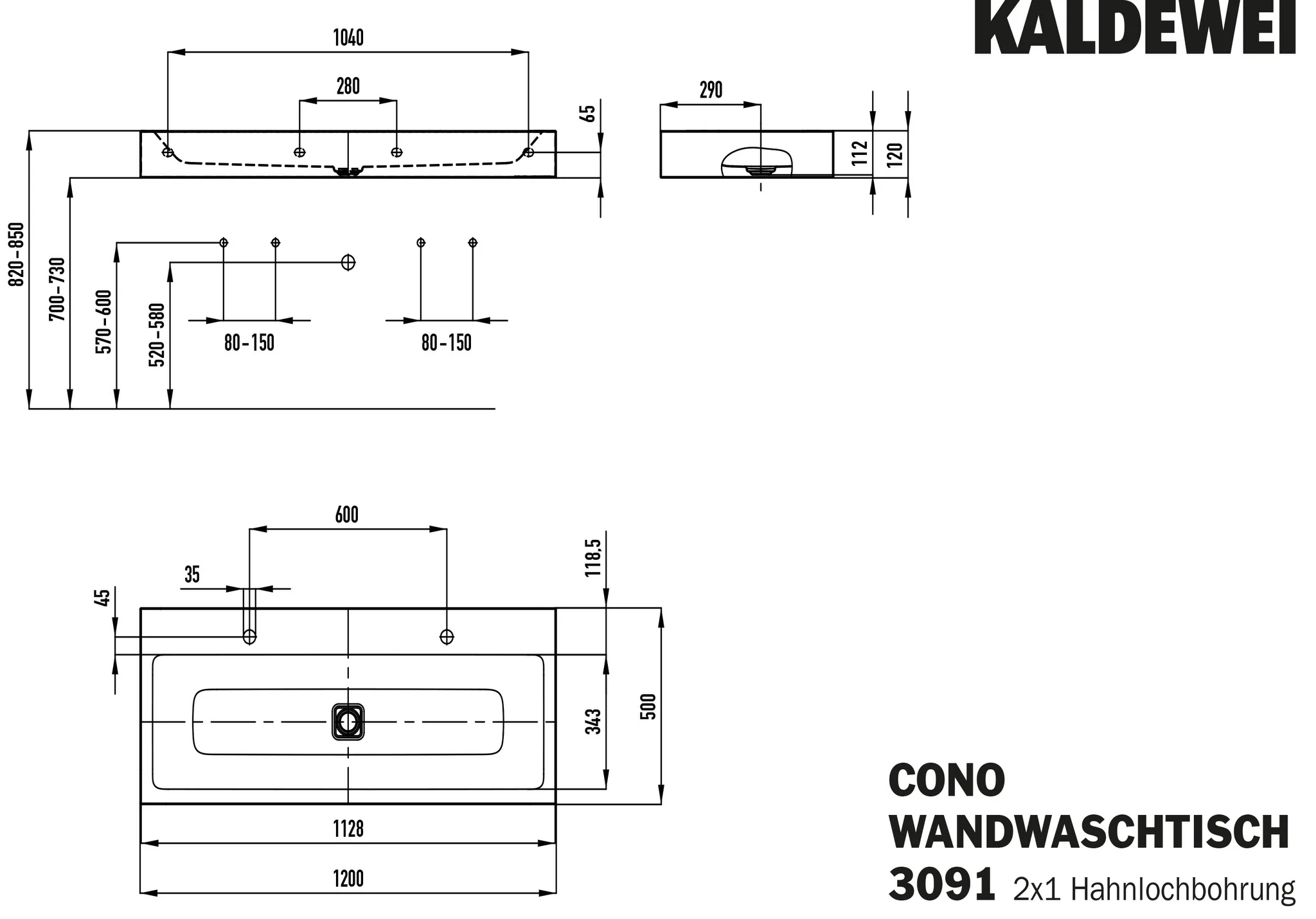 Kaldewei CONO Wand-Doppelwaschtisch, warm beige 20, Perl-Effekt, 1200x500 mm, Randhöhe 120 mm, 2x1er Hahnlochbohrung