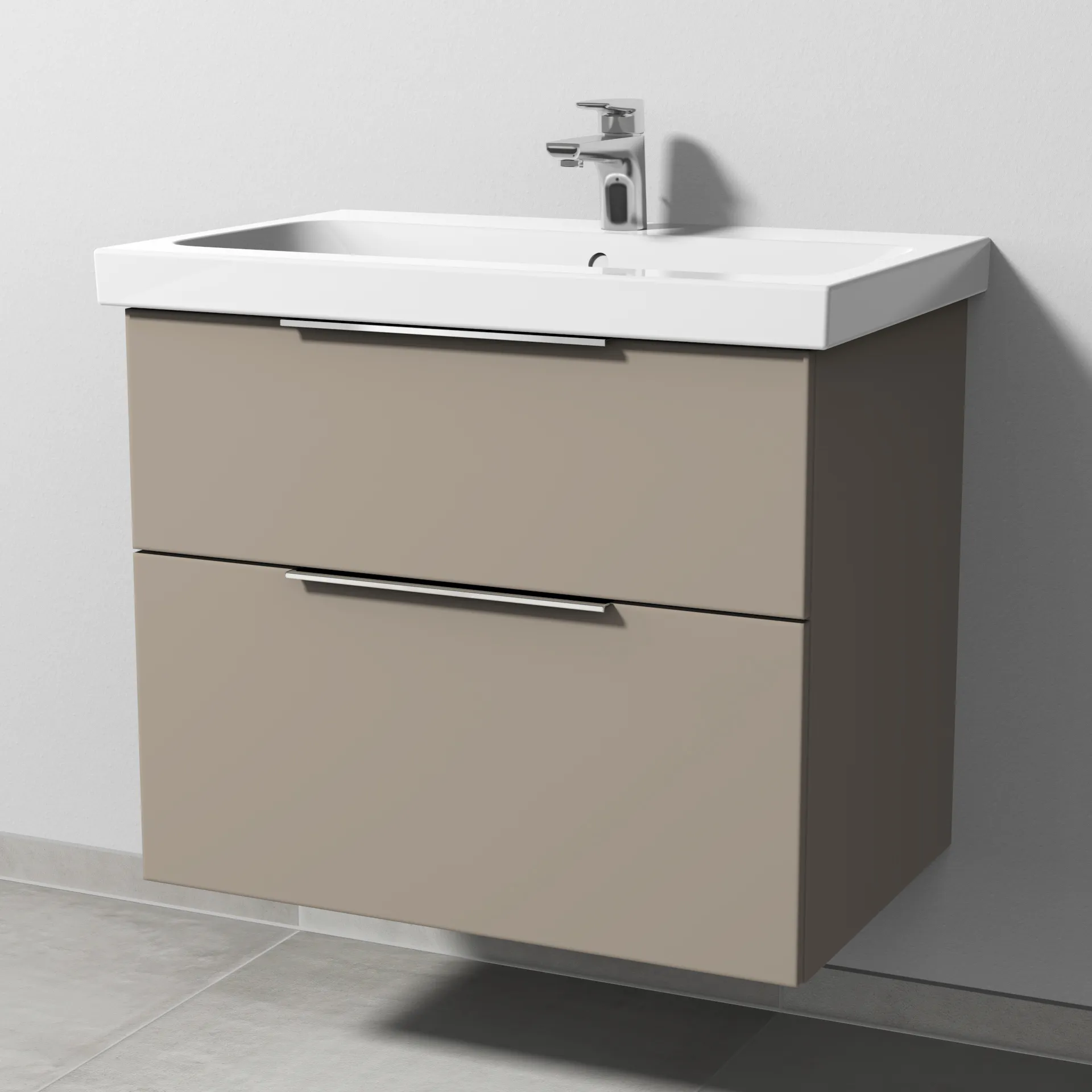 Sanipa Waschtischunterschrank „3way“ passend zu Keramik-Waschtische iCon Light von Geberit 700 × 591 × 462 mm in Sandgrau (matt), Becken mittig, mit