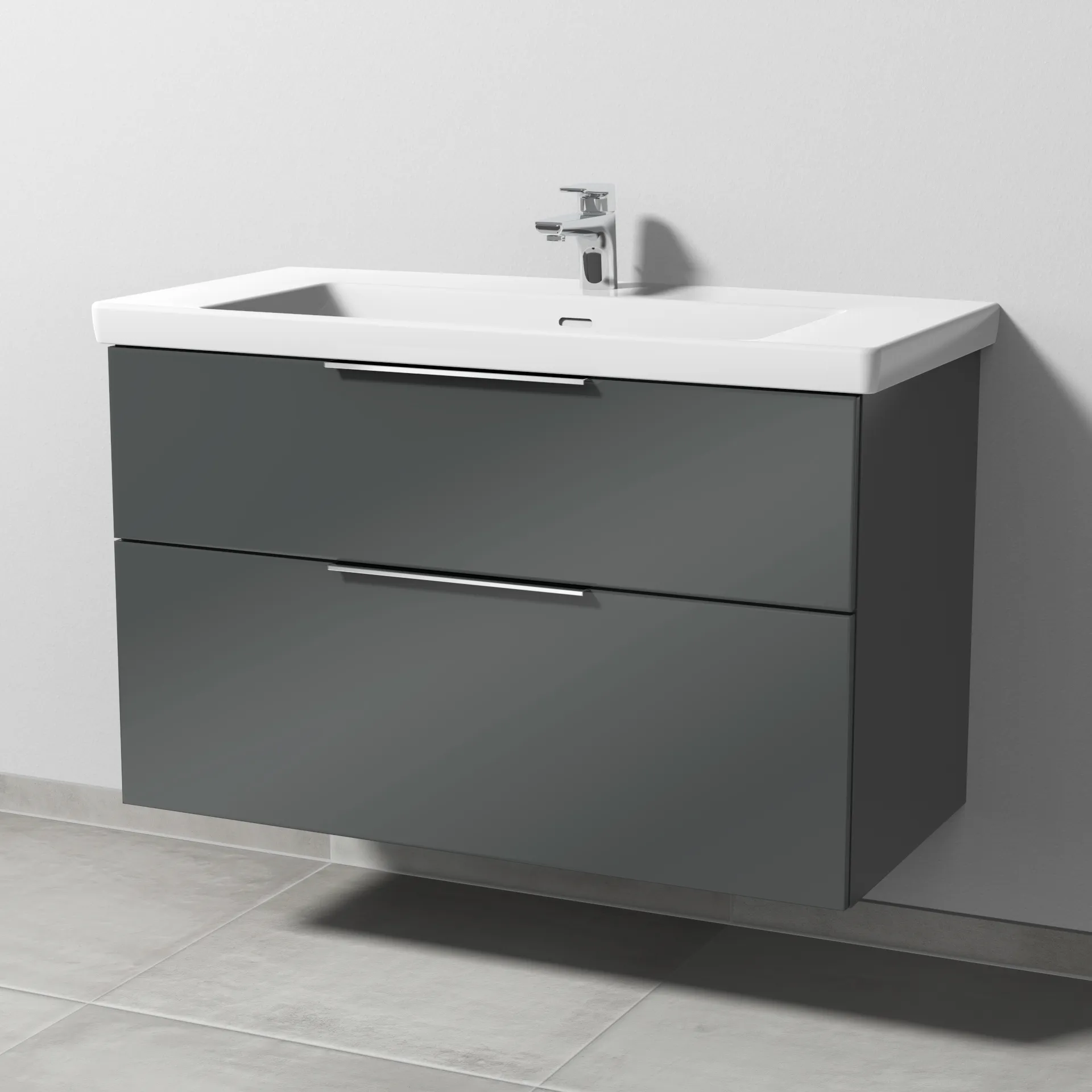 Sanipa Waschtischunterschrank „3way“ 955 × 588 × 462 mm in Anthrazit (glanz), mit Hahnlochbohrung, Becken mittig