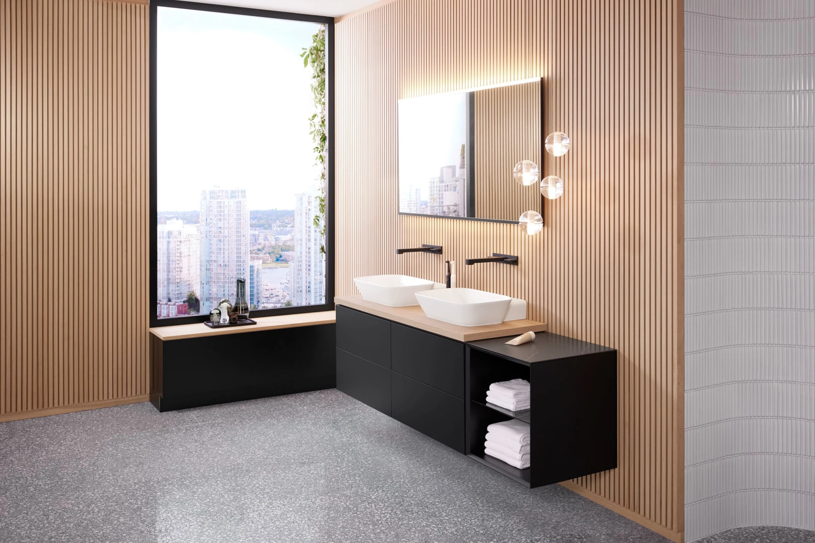 Geberit ONE Unterschrank für Aufsatzwaschtisch, schwarz matt, 133,2 x 50,4 x 47 cm, mit vier Schubladen und Push-to-open-Mechanismus