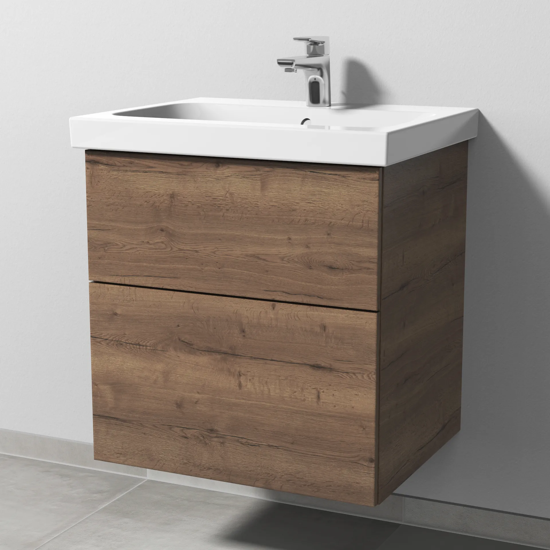 Sanipa Waschtischunterschrank „3way“ passend zu Keramik-Waschtische iCon Light von Geberit 560 × 591 × 462 mm in Eiche Tabak, Becken mittig, mit