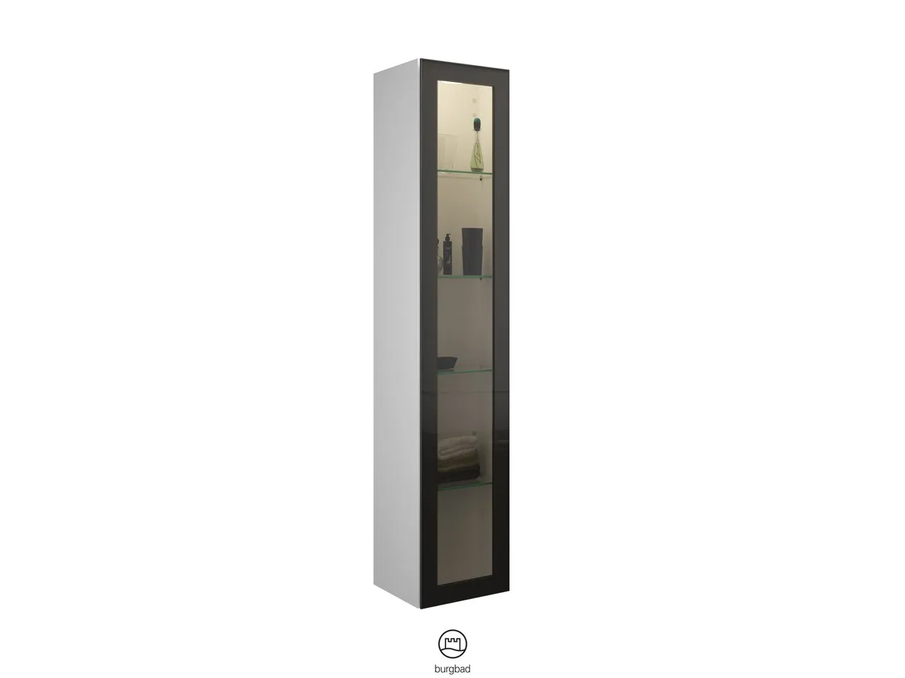 Hochschrank, 1 Alurahmentür mit Rauchglaseinsatz in Bronze;4 Glaseinlegeböden;LED-Innenbeleuchtung, 5 W, 4000 K;Energieeffizienzklasse F;für Raumschaltung;IP20, Tiefe: 320 mm, Breite: 350 mm, Höhe: 1760 mm