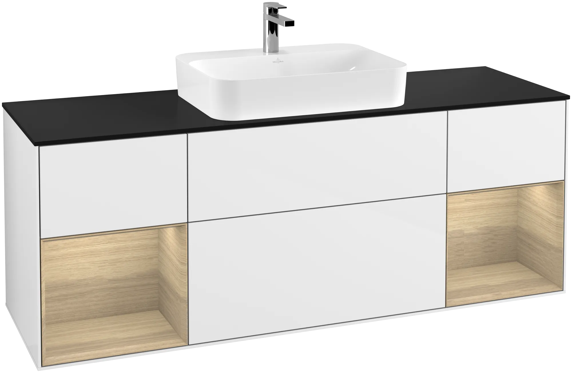 Villeroy & Boch Finion Waschbeckenunterschrank G45 1600x603x501mm Glossy White Lacquer / Oak Veneer / Glass Black Matt
