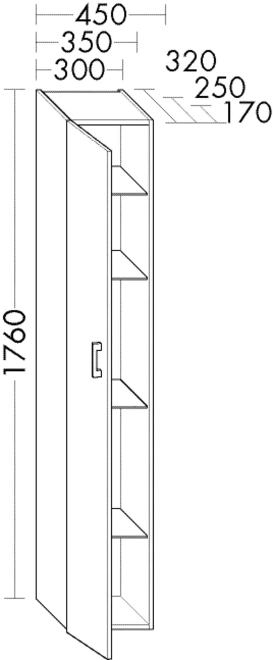 Hochschrank, 1 Tür;4 Glaseinlegeböden, Tiefe: 170 mm, Breite: 300 mm, Höhe: 1760 mm